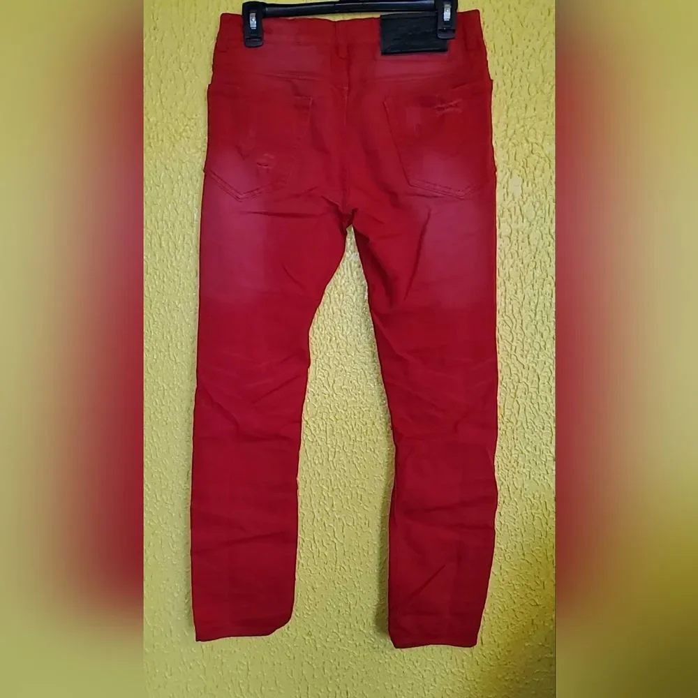 Men's Vibrant Red Skinny Jeans with Distressing
